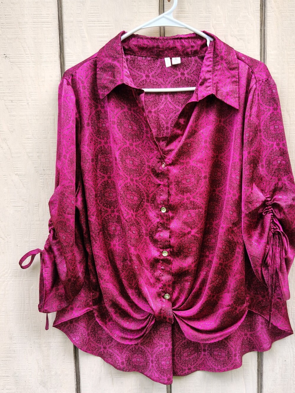 Cato Fuchsia Pink Satin Top XL Button Front Ruched Sleeve Ties High Low Hemline